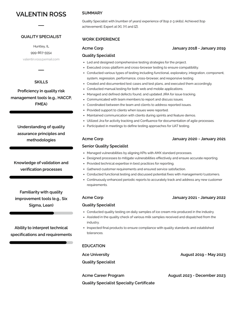 Quality Specialist Resume Sample and Template