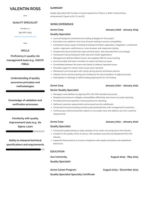 Quality Specialist Resume Sample and Template