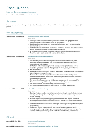 Internal Communications Manager Resume Sample and Template