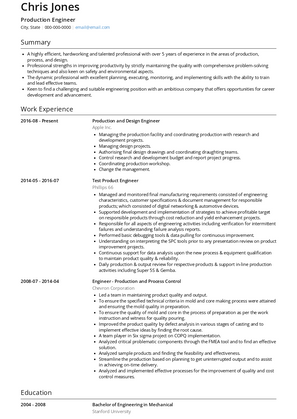 Production Engineer Resume Sample and Template