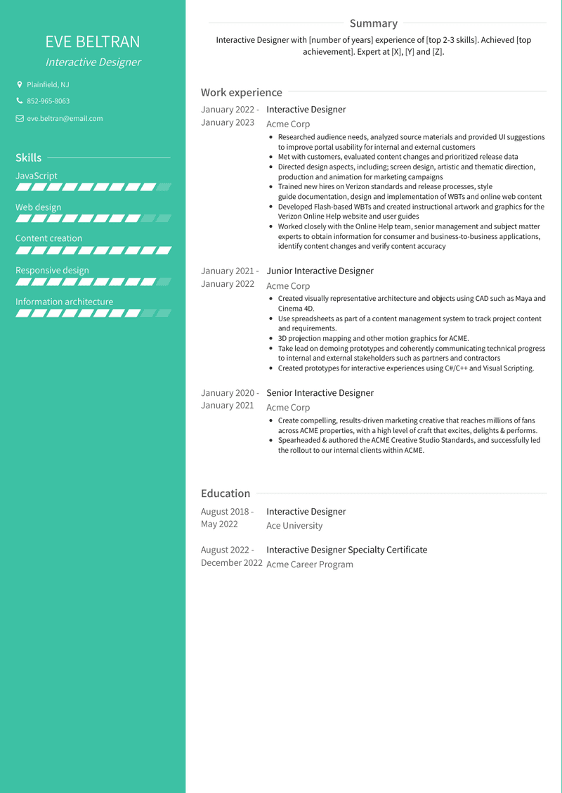 Interactive Designer Resume Sample and Template