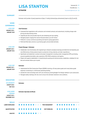 Estimator Resume Sample and Template