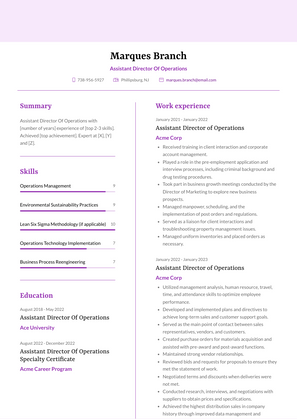 Assistant Director Of Operations Resume Sample and Template