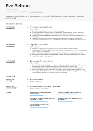 Transcriptionist Resume Sample and Template