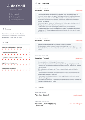 Associate Counsel Resume Sample and Template