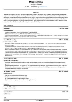 Promotions Assistant Resume Sample and Template