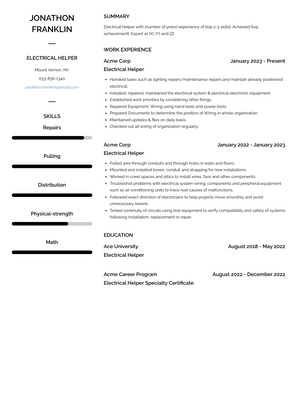 Electrical Helper Resume Sample and Template