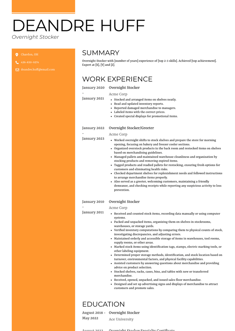 Overnight Stocker Resume Sample and Template