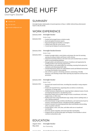 Overnight Stocker Resume Sample and Template
