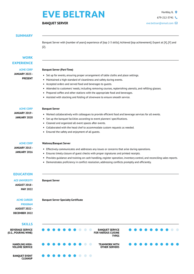 Banquet Server Resume Sample and Template