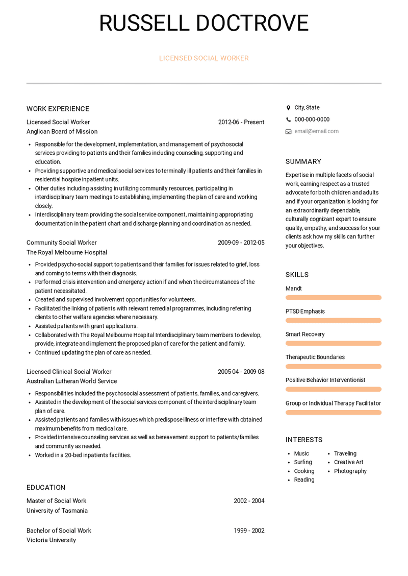 Licensed Social Worker Resume Sample and Template