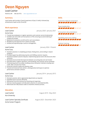 Lead Cashier Resume Sample and Template