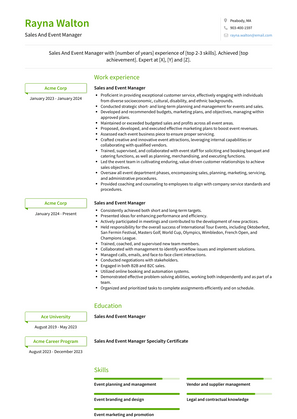 Sales And Event Manager Resume Sample and Template