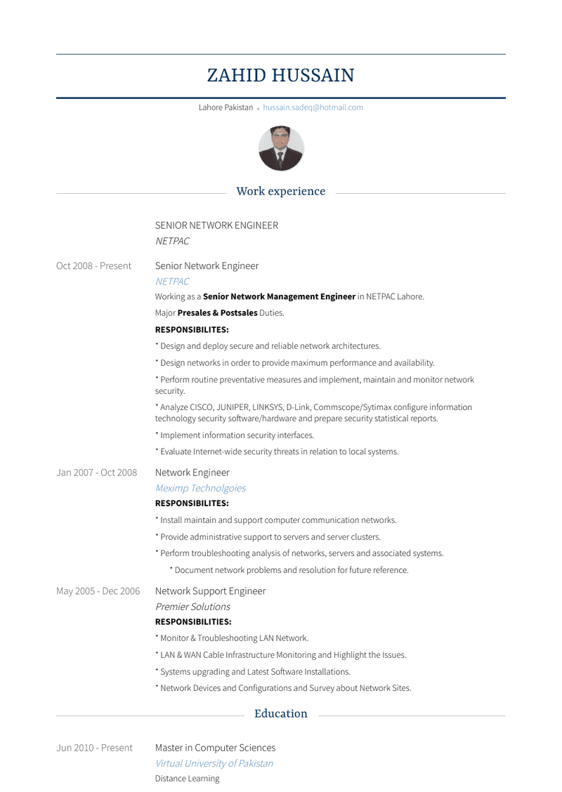 Senior Network Engineer Resume Sample and Template