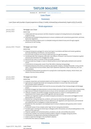 Loan Closer Resume Sample and Template
