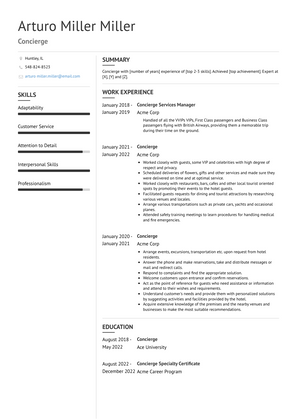 Concierge Resume Sample and Template