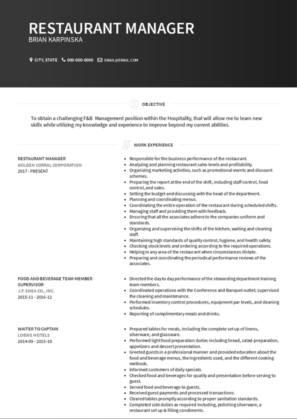 sample resume for a restaurant manager