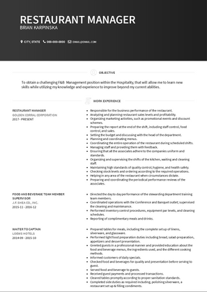 Restaurant Manager Resume Sample and Template