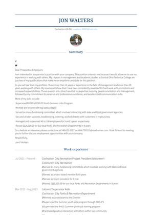 Coshocton City Recreation Project President (Volunteer) Resume Sample and Template