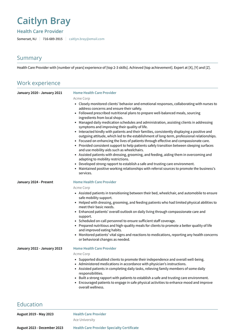 Health Care Provider Resume Sample and Template