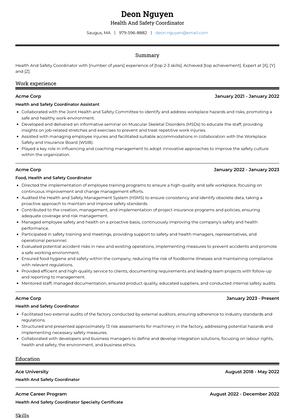 Health And Safety Coordinator Resume Sample and Template