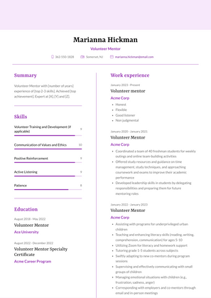 Volunteer Mentor Resume Sample and Template