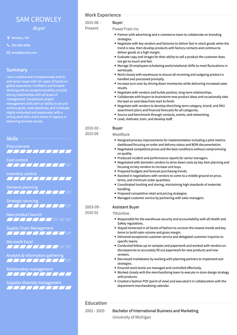 Buyer CV Example: Avant