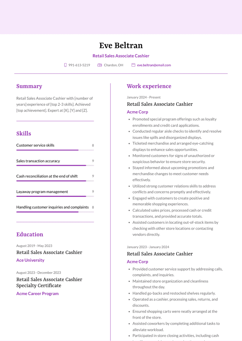 Retail Sales Associate Cashier Resume Sample and Template