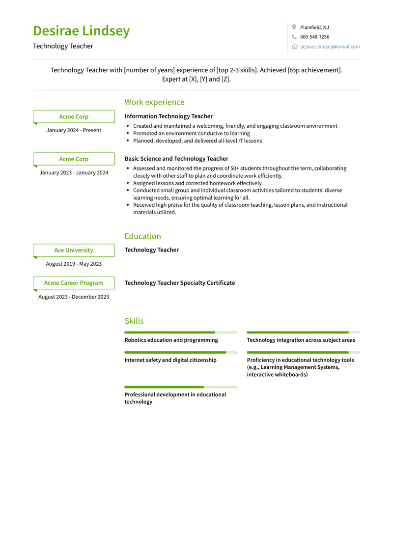 Technology Teacher Resume Sample and Template