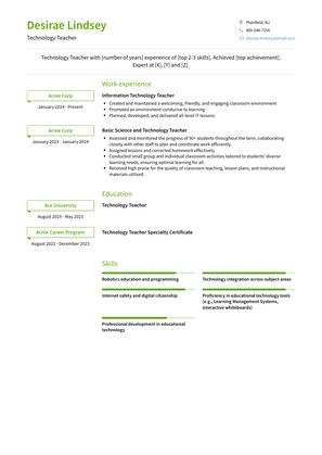 Technology Teacher Resume Sample and Template