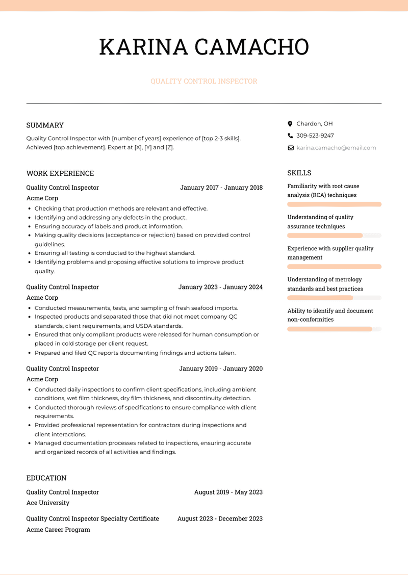 Quality Control Inspector Resume Sample and Template