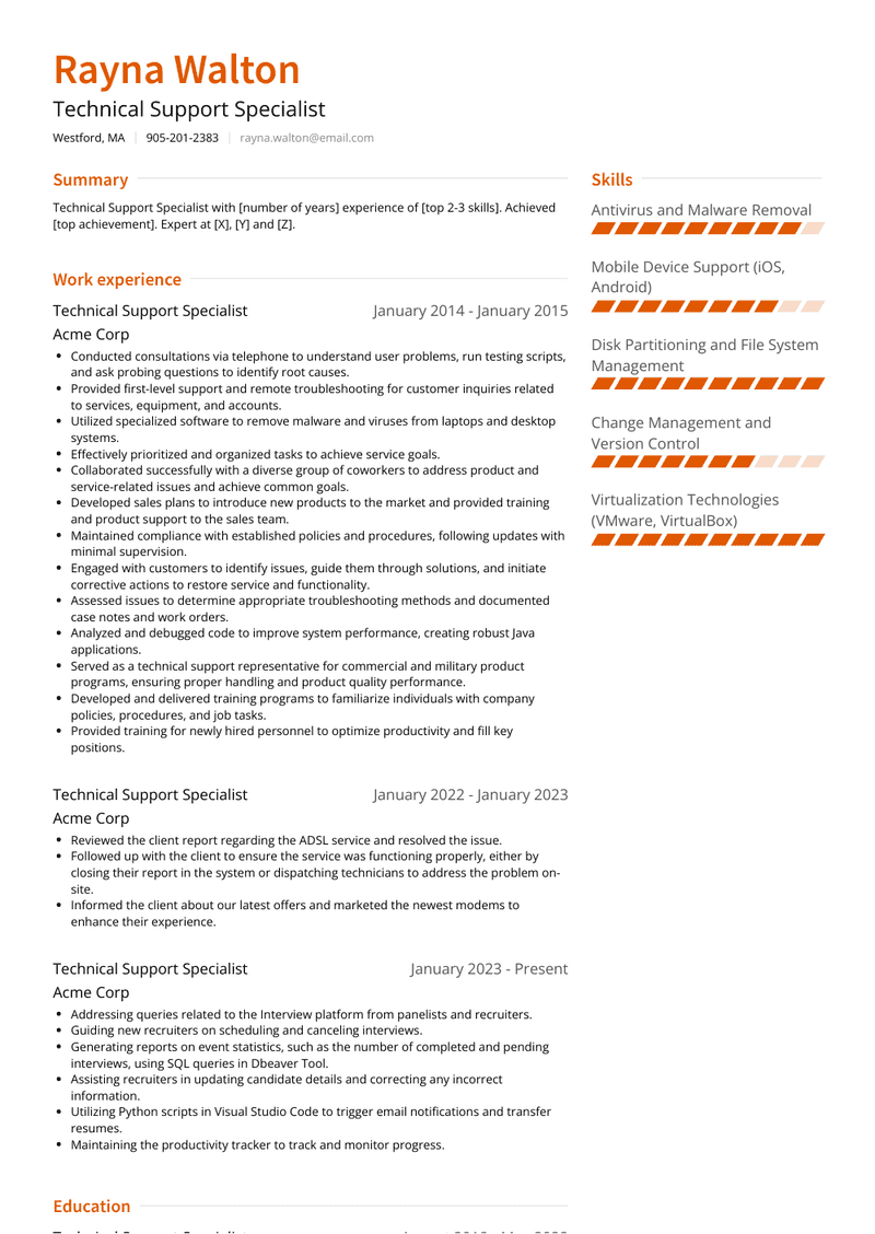 Technical Support Specialist Resume Sample and Template