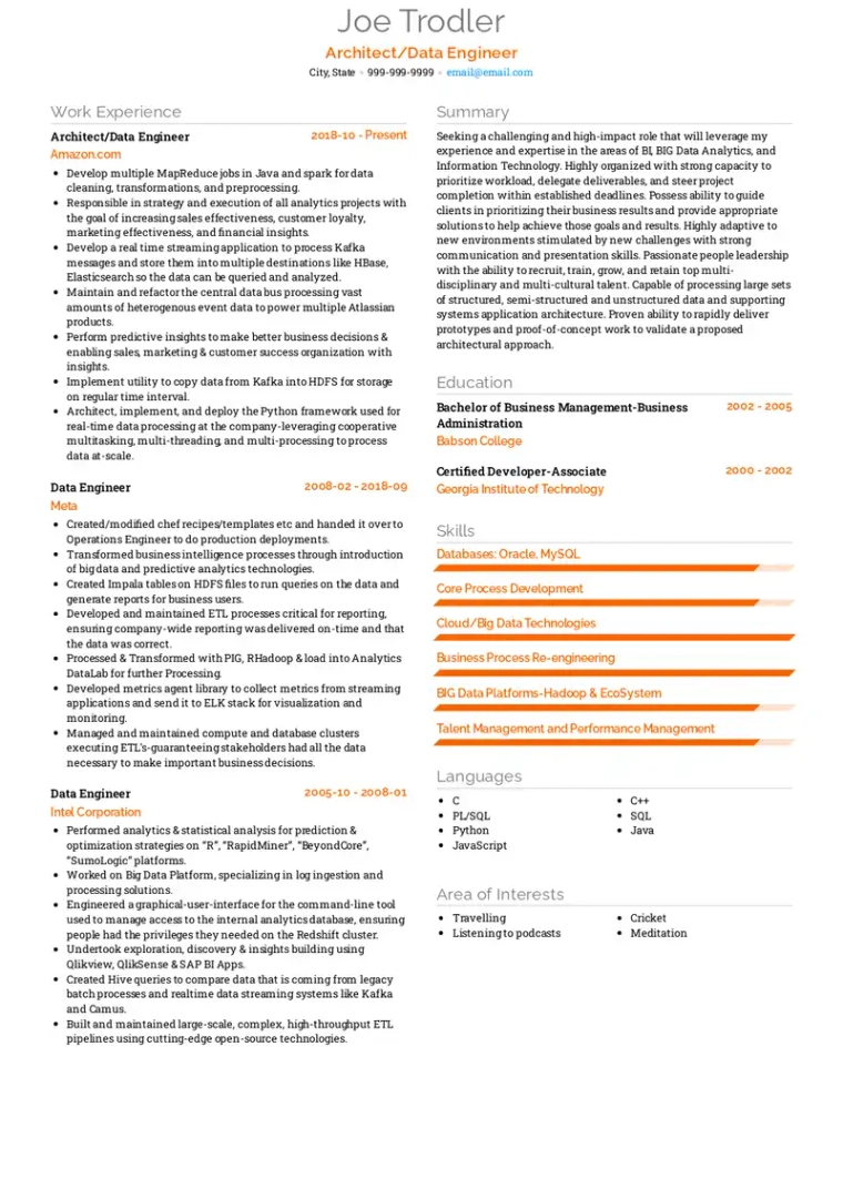 Meta Big Data Engineer resume