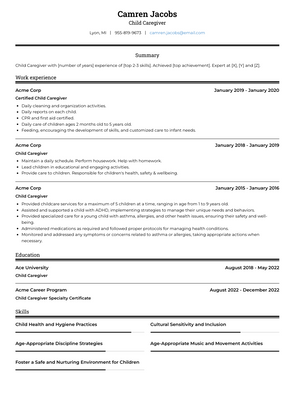 Child Caregiver Resume Sample and Template