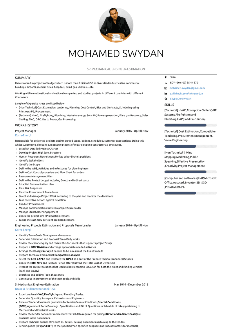 Sr.Mechanical Engineer Estimation Resume Sample and Template