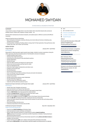 Sr.Mechanical Engineer Estimation Resume Sample and Template