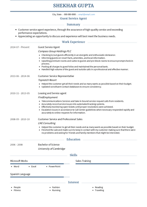 Guest Service Agent Resume Sample and Template