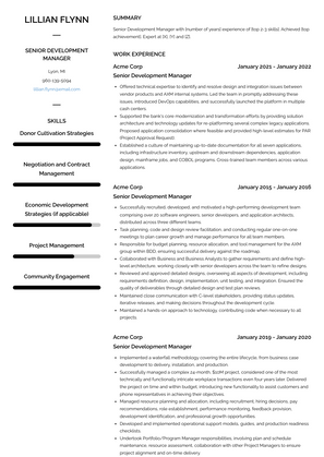 Senior Development Manager Resume Sample and Template