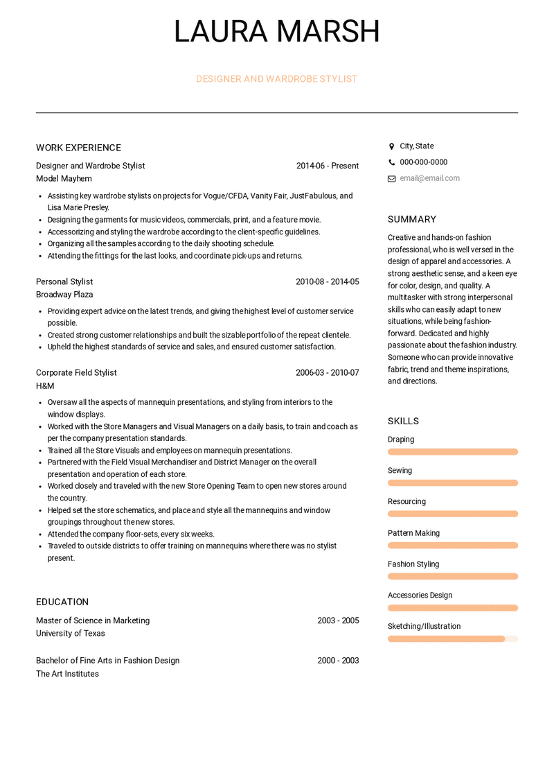 Designer and Wardrobe Stylist Resume Sample and Template