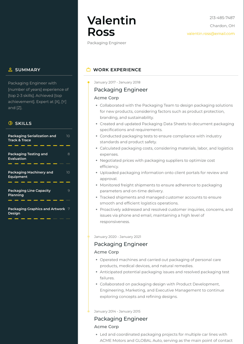 Packaging Engineer Resume Sample and Template