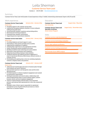 Customer Service Team Lead Resume Sample and Template