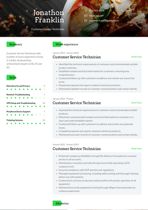 Customer Service Technician Resume Sample and Template