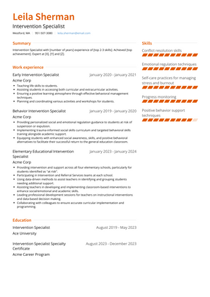 Intervention Specialist Resume Sample and Template