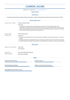 Dairy Clerk Resume Sample and Template