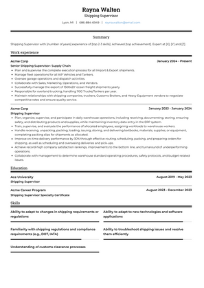 Shipping Supervisor Resume Sample and Template