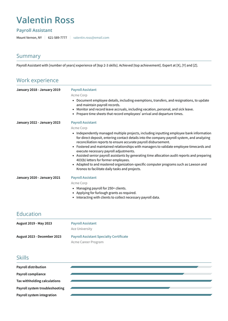 Payroll Assistant Resume Sample and Template