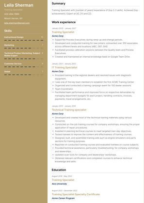 Training Specialist Resume Sample and Template