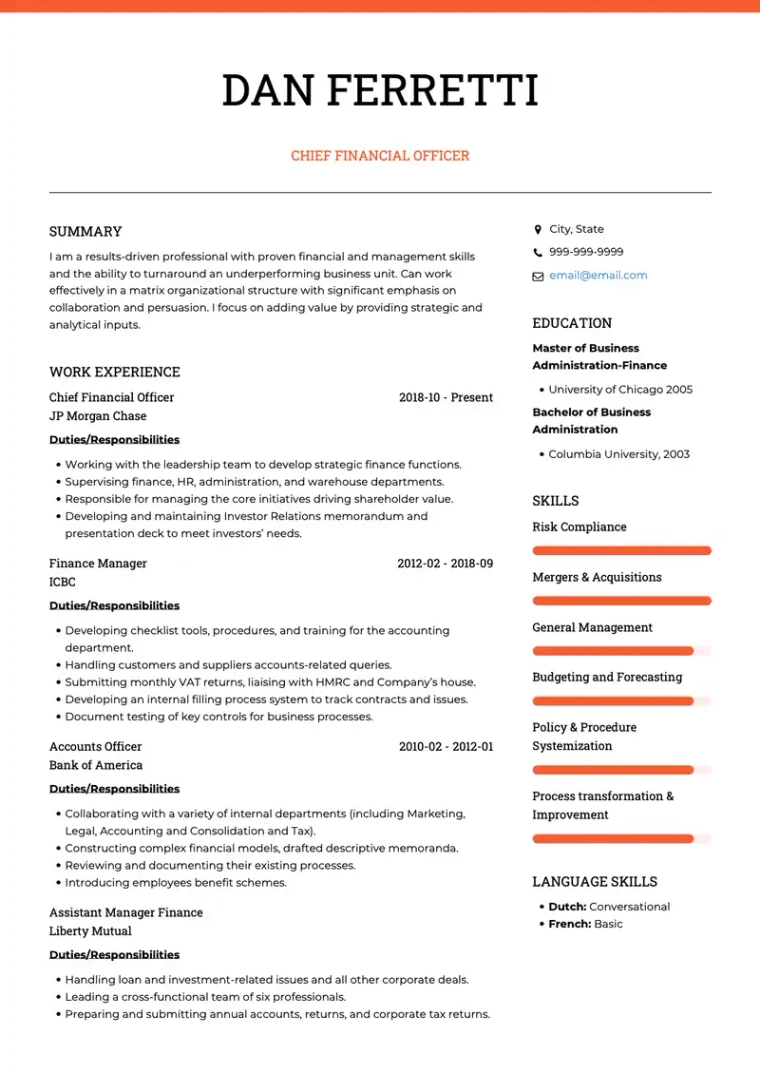 experienced finance cv