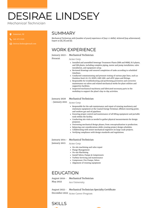 Mechanical Technician Resume Sample and Template