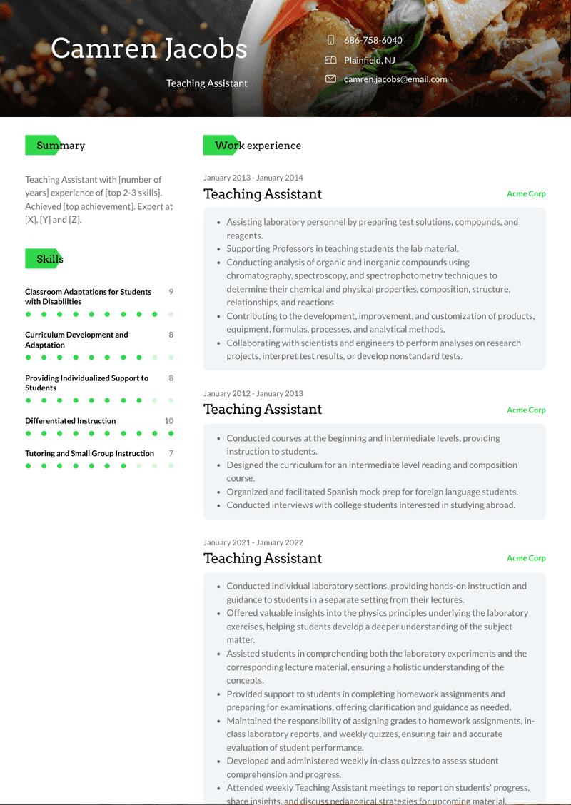 Teaching Assistant Resume Sample and Template